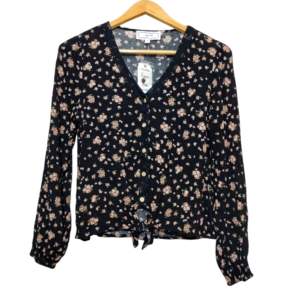 Hippie Rose Women's S Boho Ditsy V-neck Long Sleeve Blouse Button Front Coquette